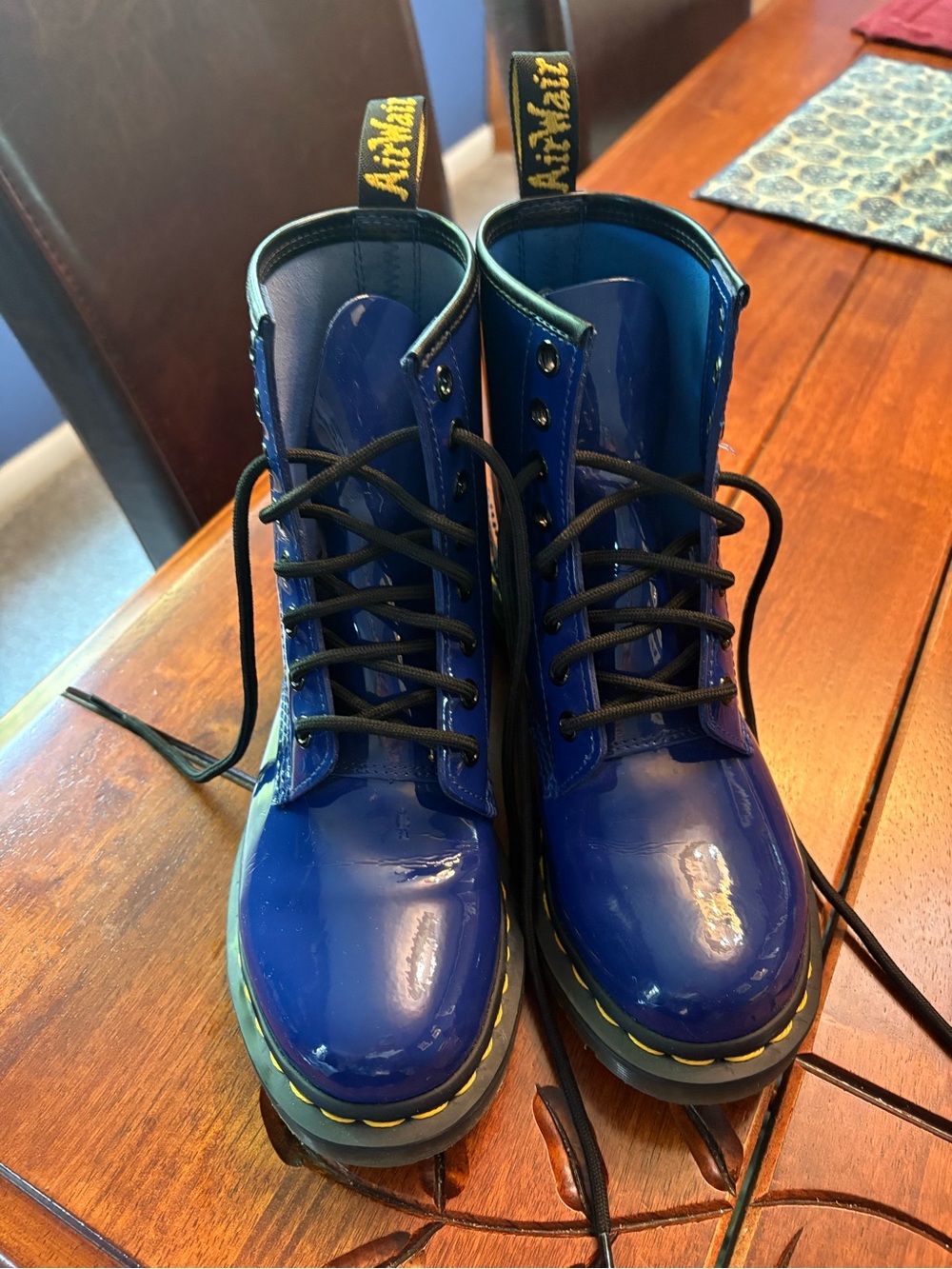 Dr. Martens Blue Patent Leather 8‑Eye Lace-Up Boots